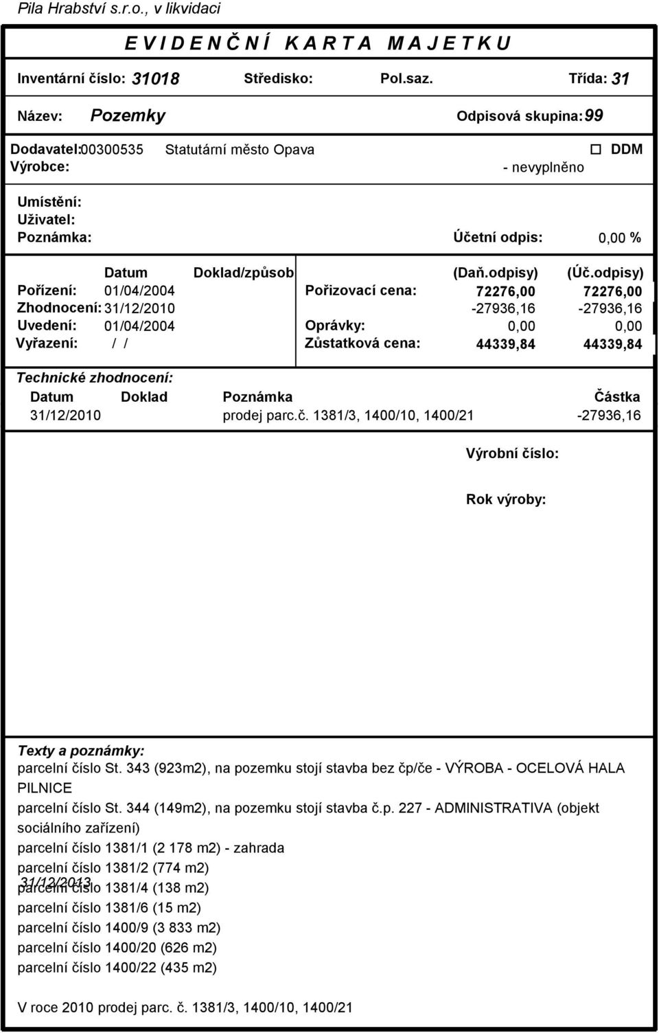 0,00 0,00 Vyazení: / / Zstatková cena: 44339,84 44339,84 31/12/2010 prodej parc.. 1381/3, 1400/10, 1400/21-27936,16 parcelní íslo St.