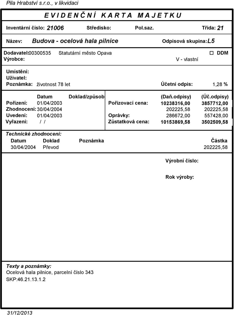 odpis: 1,28 % Poízení: 01/04/2003 Poizovací cena: 10238316,00 3857712,00 Zhodnocení: 30/04/2004 202225,58