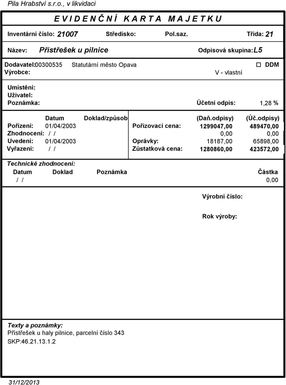 odpis: 1,28 % Poízení: 01/04/2003 Poizovací cena: 1299047,00 489470,00 Uvedení: