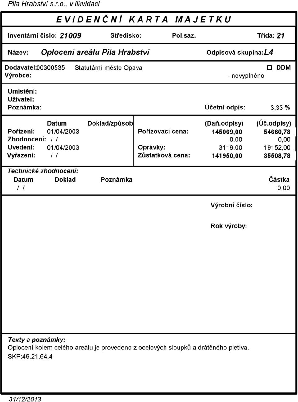 Poizovací cena: 145069,00 54660,78 Uvedení: 01/04/2003 Oprávky: 3119,00 19152,00