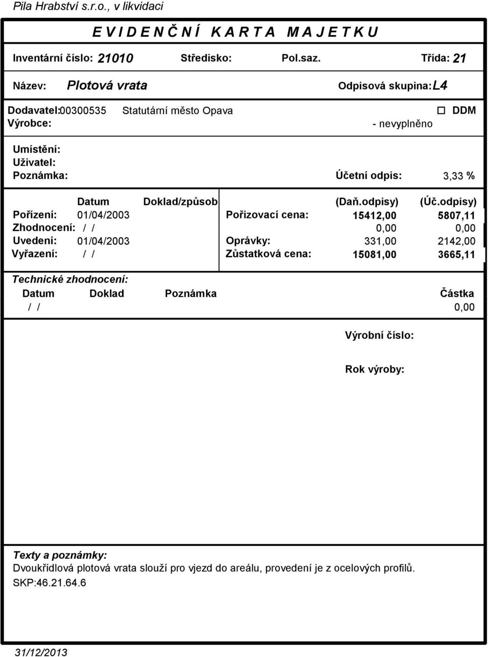 cena: 15412,00 5807,11 Uvedení: 01/04/2003 Oprávky: 331,00 2142,00 Vyazení: / /