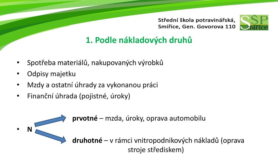 Finanční úhrada (pojistné, úroky) N prvotné mzda, úroky, oprava