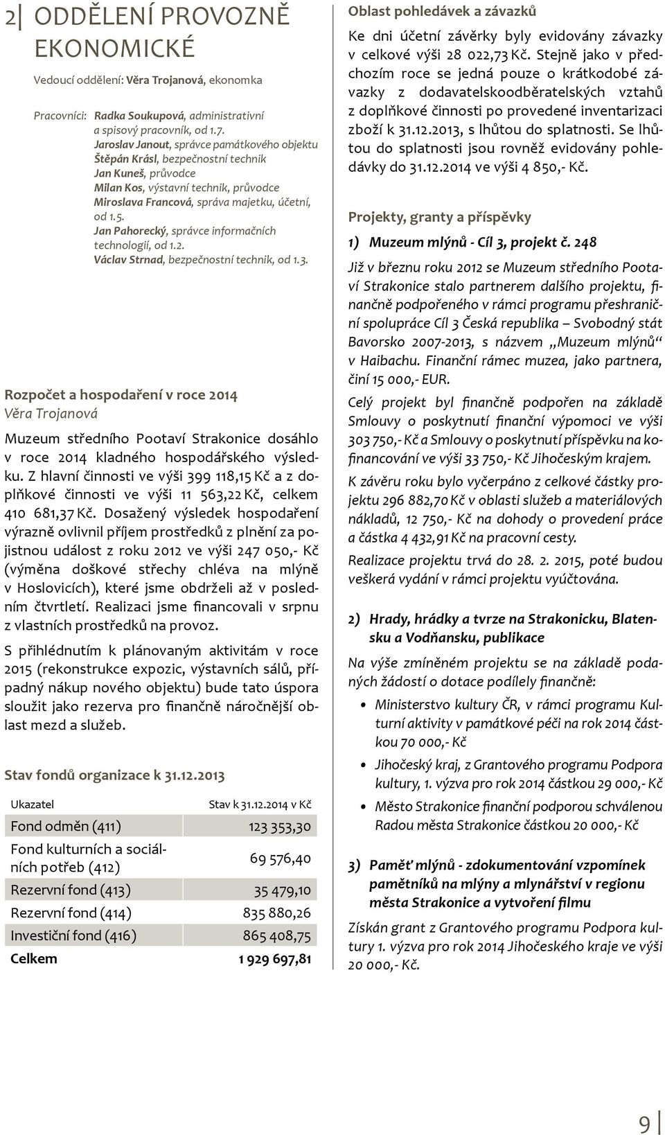 Dosažený výsledek hospodaření výrazně ovlivnil příjem prostředků z plnění za pojistnou událost z roku 2012 ve výši 247 050,- Kč (výměna doškové střechy chléva na mlýně v Hoslovicích), které jsme