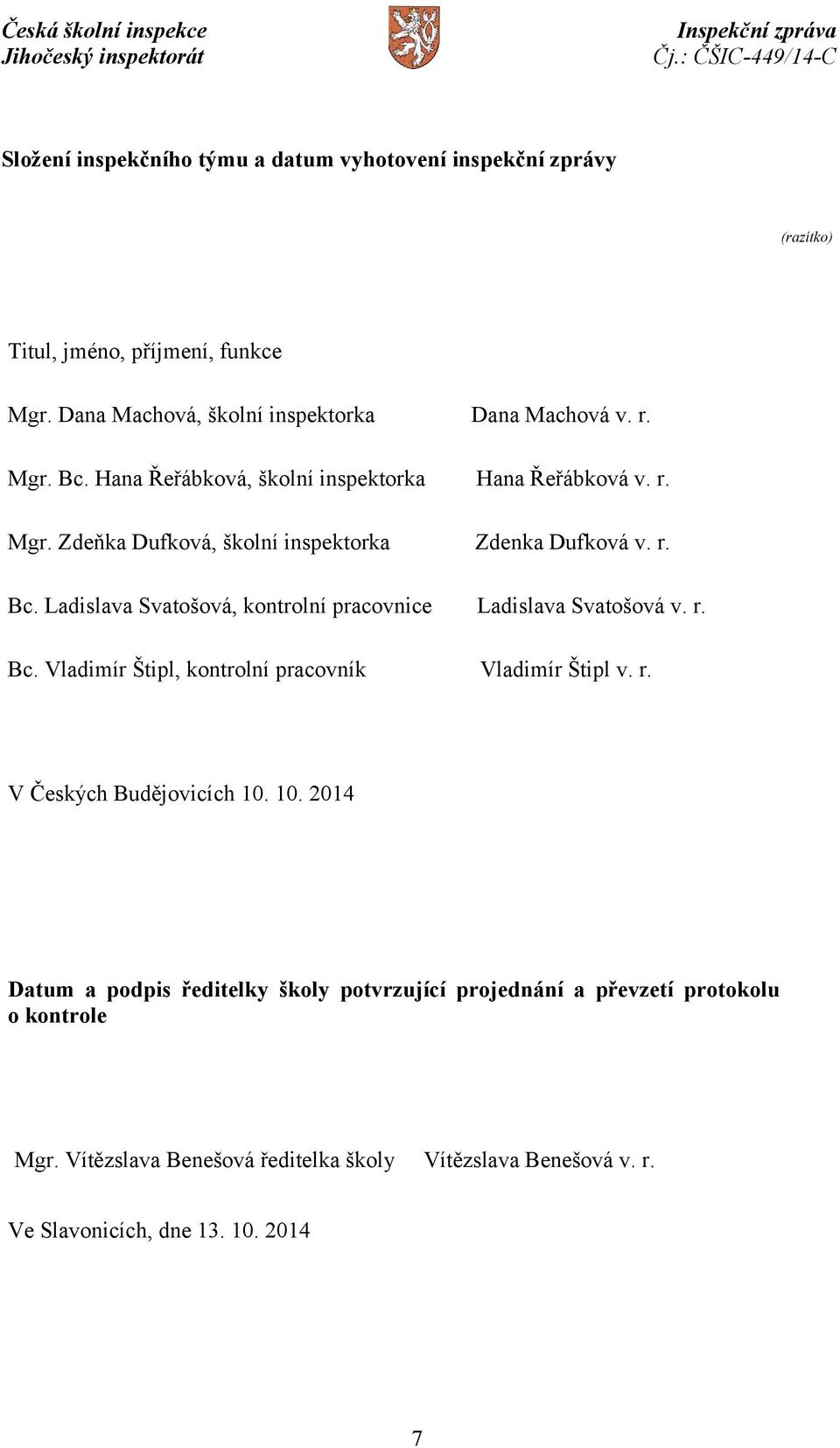 r. Bc. Vladimír Štipl, kontrolní pracovník Vladimír Štipl v. r. V Českých Budějovicích 10.