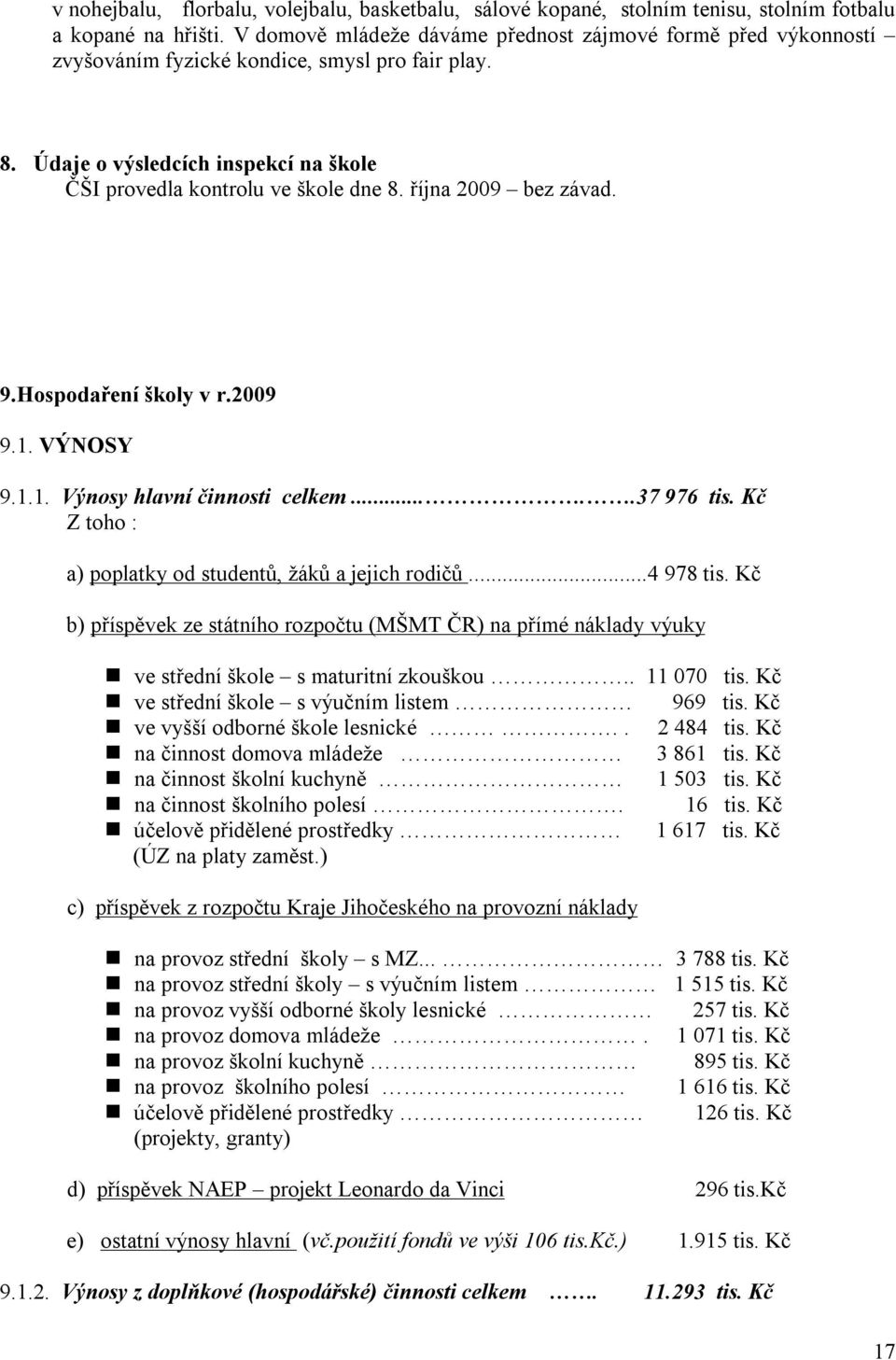 října 2009 bez závad. 9.Hospodaření školy v r.2009 9.1. VÝNOSY 9.1.1. Výnosy hlavní činnosti celkem.....37 976 tis. Kč Z toho : a) poplatky od studentů, žáků a jejich rodičů...4 978 tis.