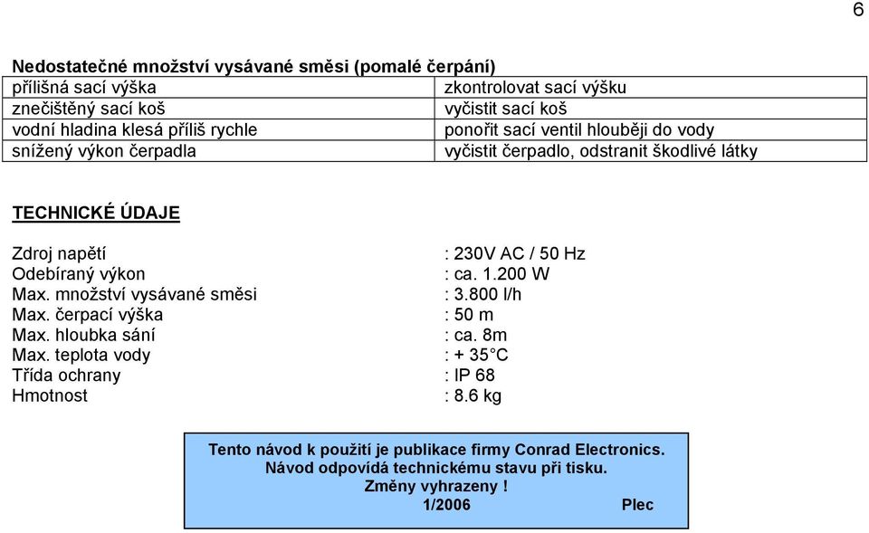 Hz Odebíraný výkon : ca. 1.200 W Max. množství vysávané směsi : 3.800 l/h Max. čerpací výška : 50 m Max. hloubka sání : ca. 8m Max.