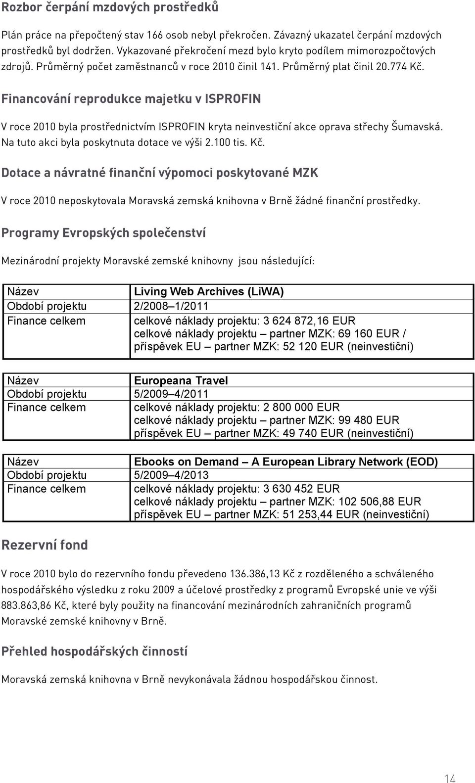 Financování reprodukce majetku v ISPROFIN V roce 2010 byla prostřednictvím ISPROFIN kryta neinvestiční akce oprava střechy Šumavská. Na tuto akci byla poskytnuta dotace ve výši 2.100 tis. Kč.