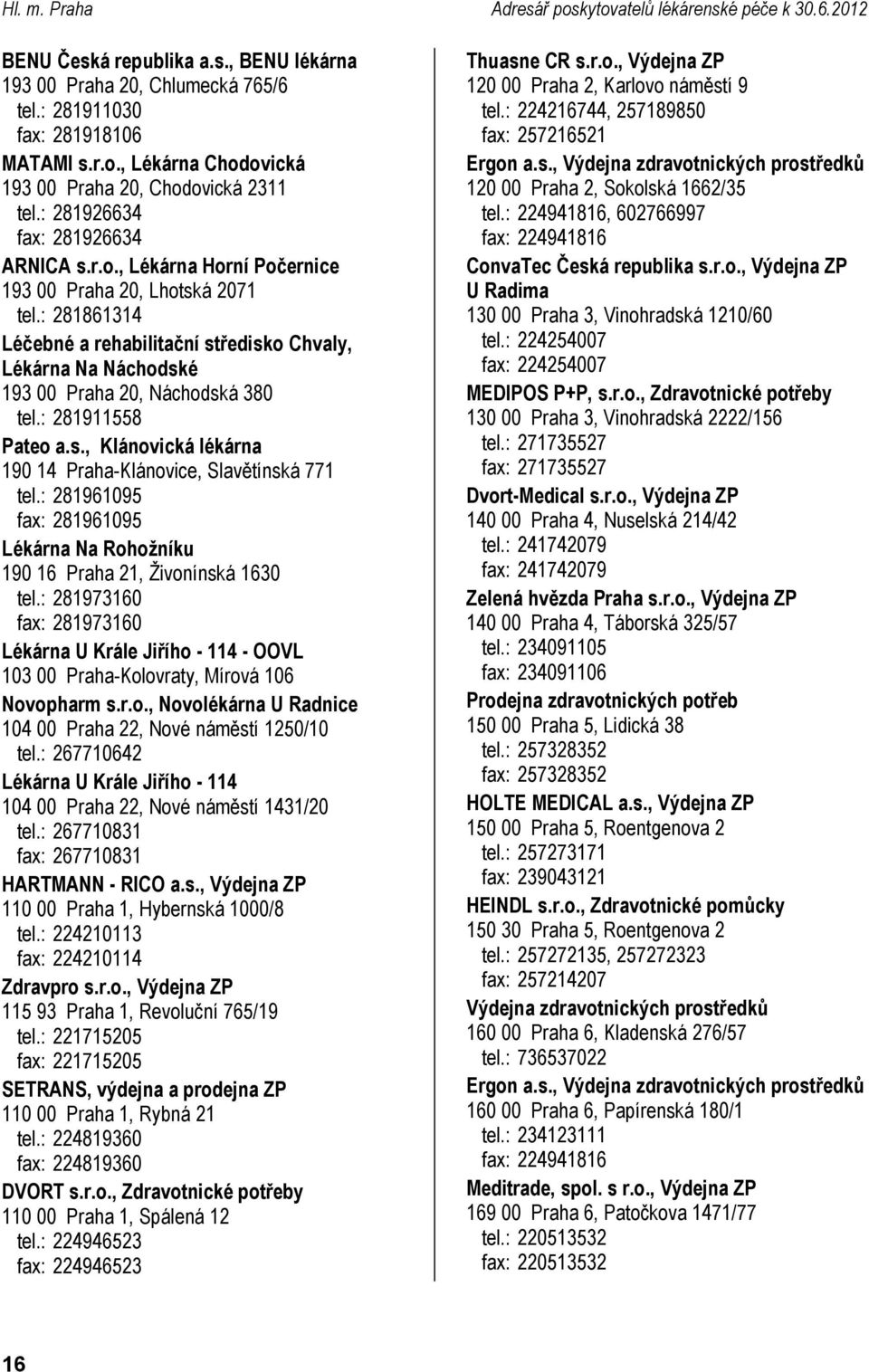 : 281911558 Pateo a.s., Klánovická lékárna 190 14 Praha-Klánovice, Slavětínská 771 tel.: 281961095 fax: 281961095 Na Rohožníku 190 16 Praha 21, Živonínská 1630 tel.