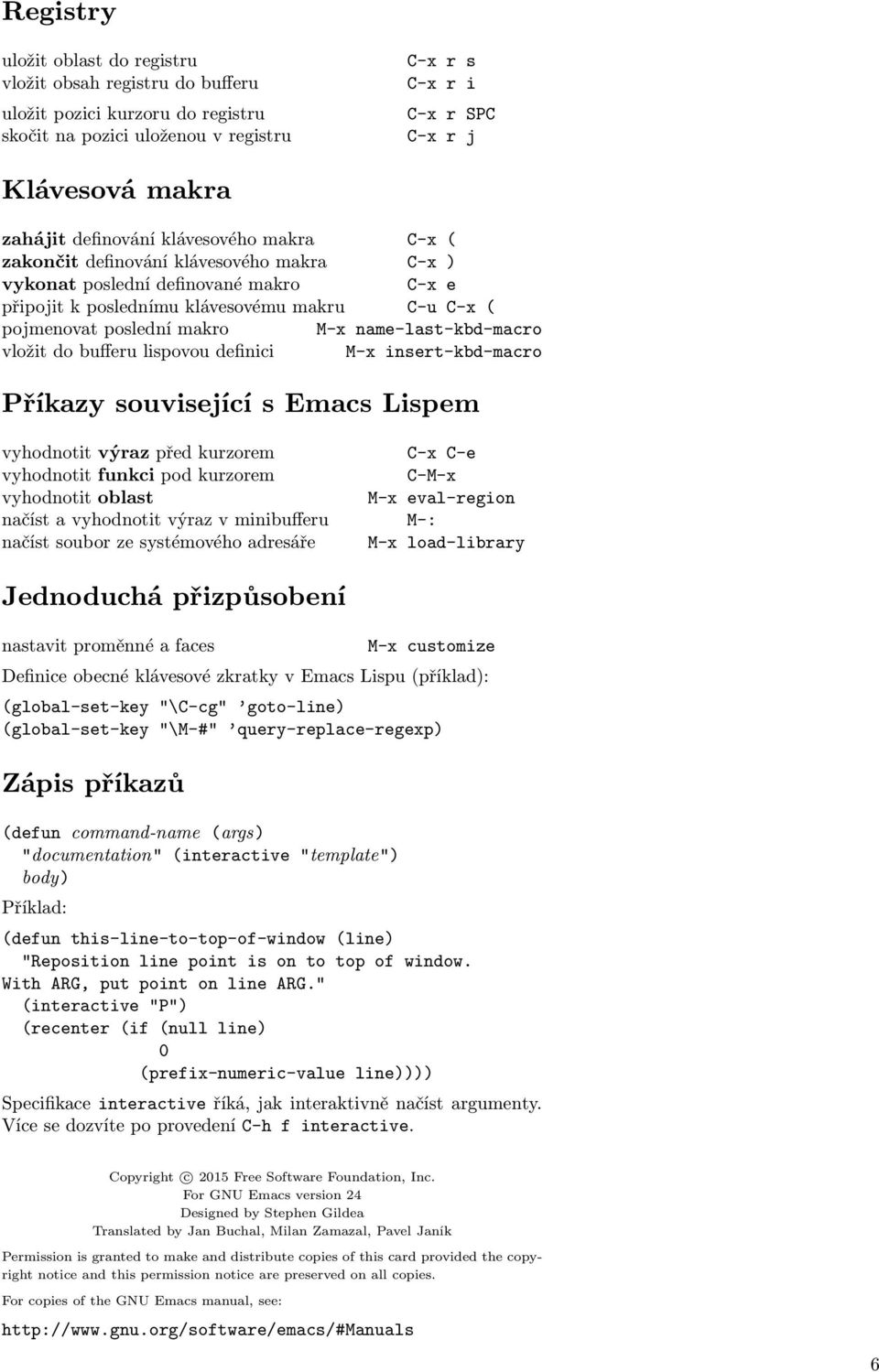 name-last-kbd-macro vložit do bufferu lispovou definici M-x insert-kbd-macro Příkazy související s Emacs Lispem vyhodnotit výraz před kurzorem vyhodnotit funkci pod kurzorem vyhodnotit oblast načíst