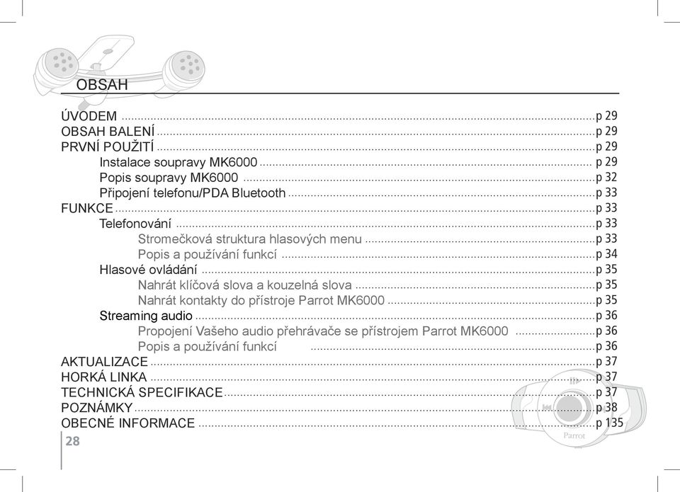 .. p 34 Hlasové ovládání... p 35 Nahrát klíčová slova a kouzelná slova... p 35 Nahrát kontakty do přístroje... p 35 Streaming audio.