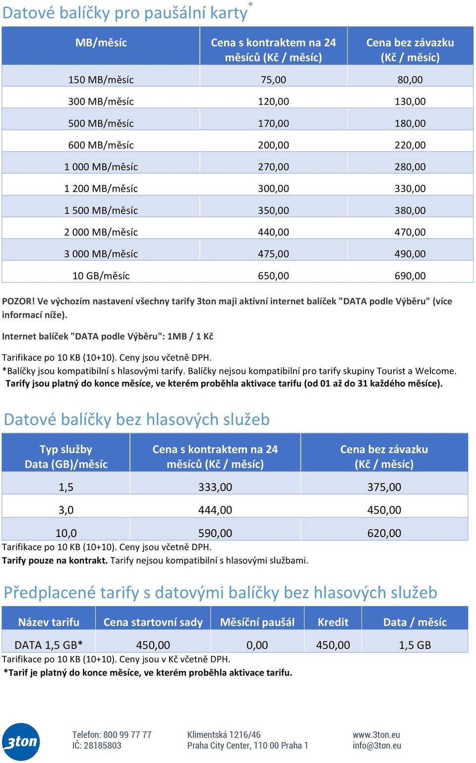 POZOR! Ve výchozím nastavení všechny tarify 3ton maji aktivní internet balíček "DATA podle Výběru" (více informací níže). Internet balíček "DATA podle Výběru": 1MB / 1 Kč Tarifikace po 10 KB (10+10).