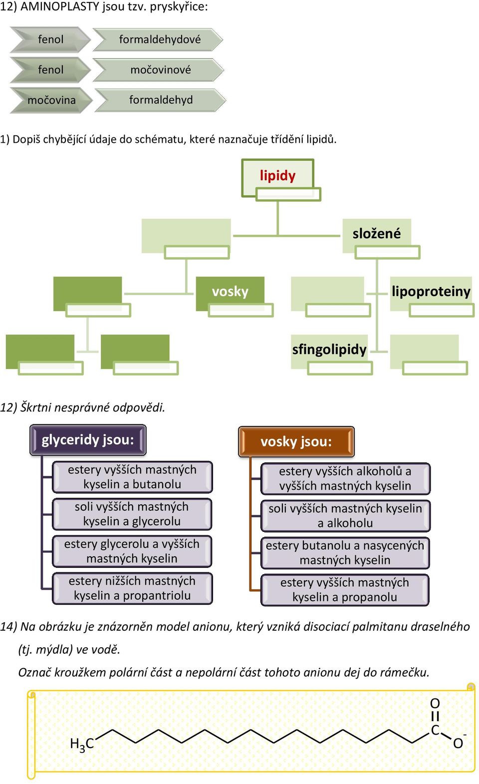 glyceridy jsou: estery vyšších mastných kyselin a butanolu soli vyšších mastných kyselin a glycerolu estery glycerolu a vyšších mastných kyselin estery nižších mastných kyselin a propantriolu vosky