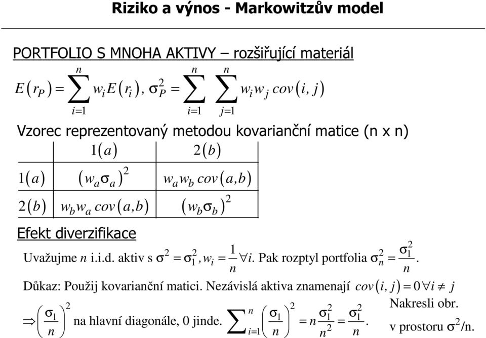 Efekt diverzifikace 1 σ1 1 i Pak rozptyl portfolia n Uvažujme n i.i.d. aktiv s σ = σ,w = i. σ =. n n Důkaz: Použij kovarianční matici.