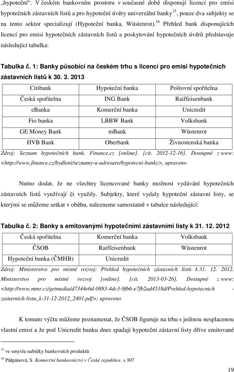 (Hypoteční banka, Wüstenrot). 16 Přehled bank disponujících licencí pro emisi hypotečních zástavních listů a poskytování hypotečních úvěrů představuje následující tabulka: Tabulka č.