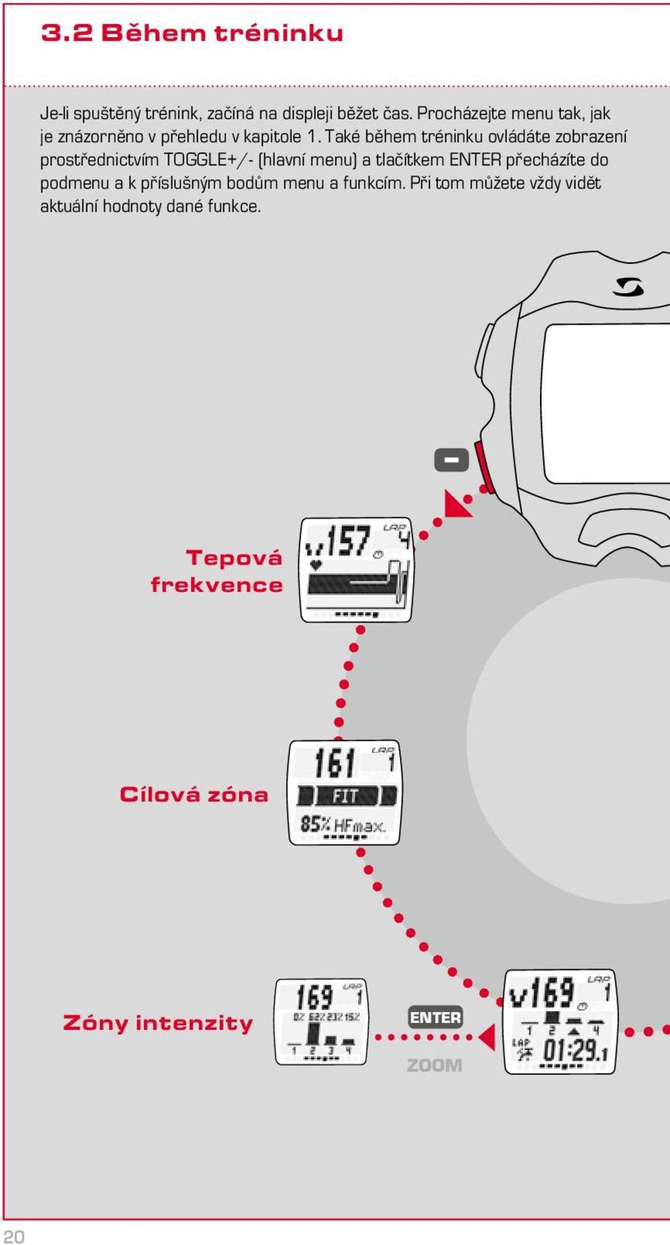 Také během tréninku ovládáte zobrazení prostřednictvím TOGGLE+/- (hlavní menu) a tlačítkem ENTER