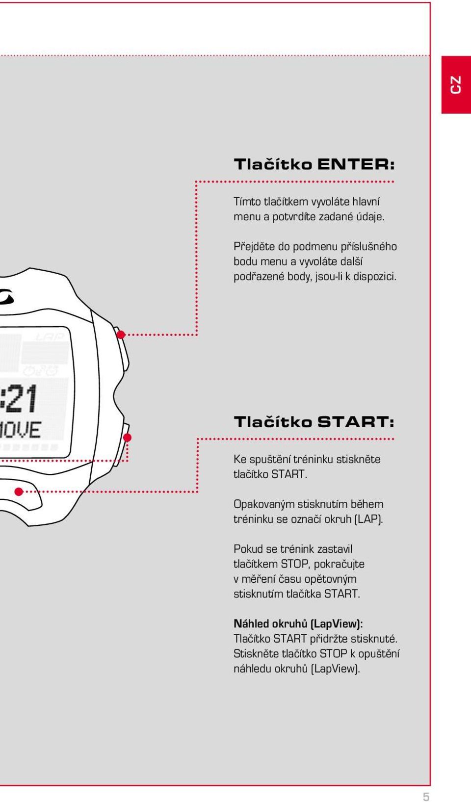 Tlačítko START: Ke spuštění tréninku stiskněte tlačítko START. Opakovaným stisknutím během tréninku se označí okruh (LAP).