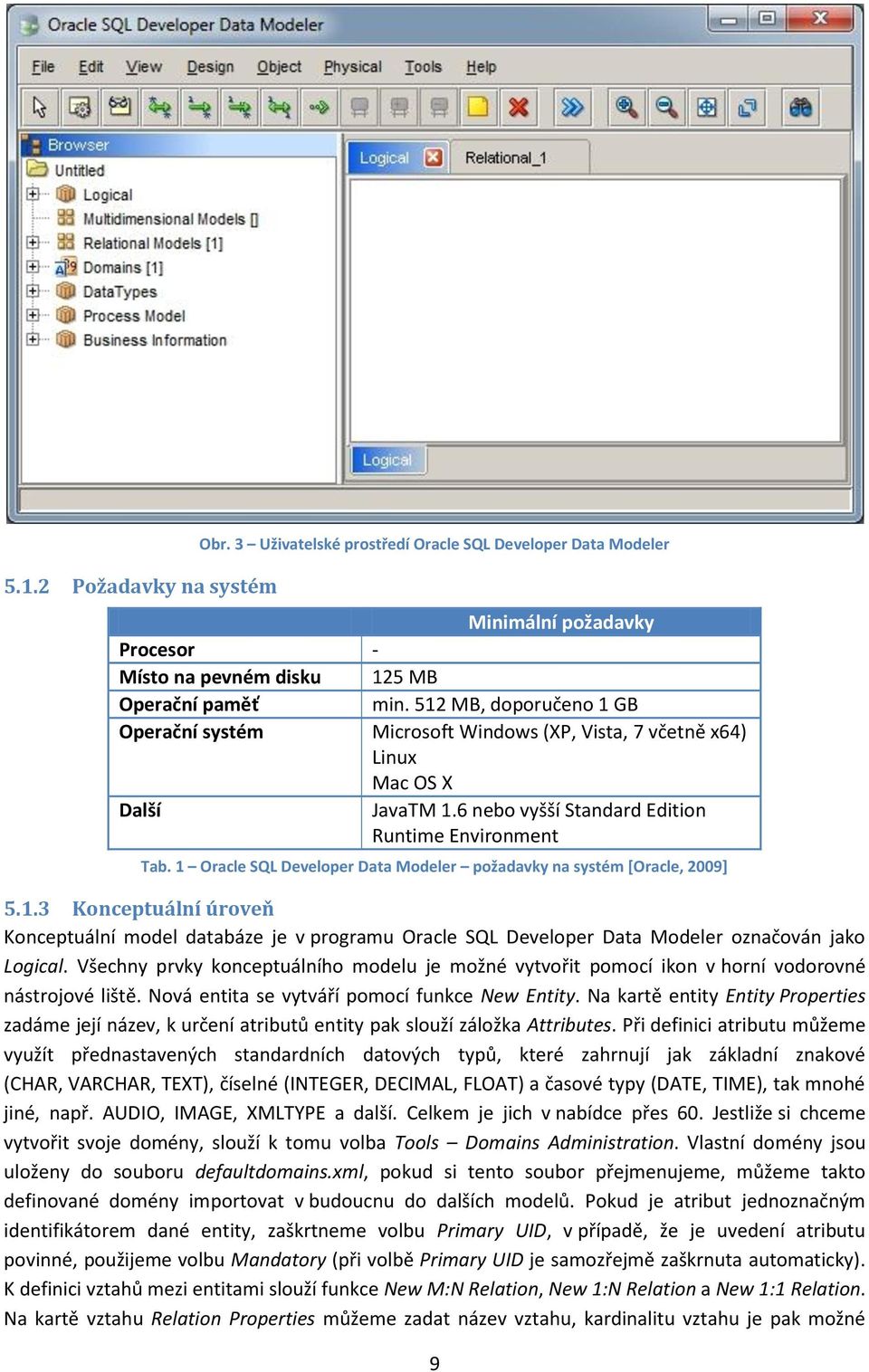 1 Oracle SQL Developer Data Modeler požadavky na systém [Oracle, 2009] 5.1.3 Konceptuální úroveň Konceptuální model databáze je v programu Oracle SQL Developer Data Modeler označován jako Logical.