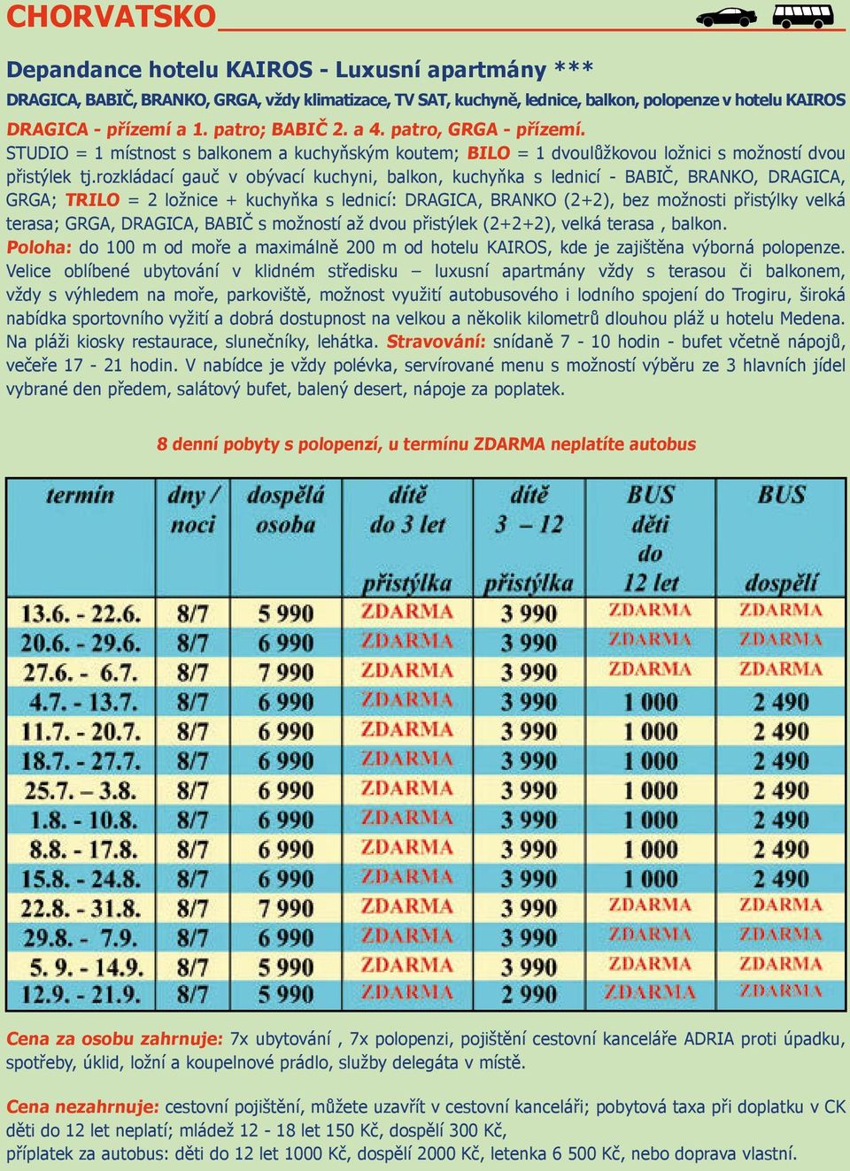 rozkládací gauč v obývací kuchyni, balkon, kuchyňka s lednicí - BABIČ, BRANKO, DRAGICA, GRGA; TRILO = 2 ložnice + kuchyňka s lednicí: DRAGICA, BRANKO (2+2), bez možnosti přistýlky velká terasa; GRGA,