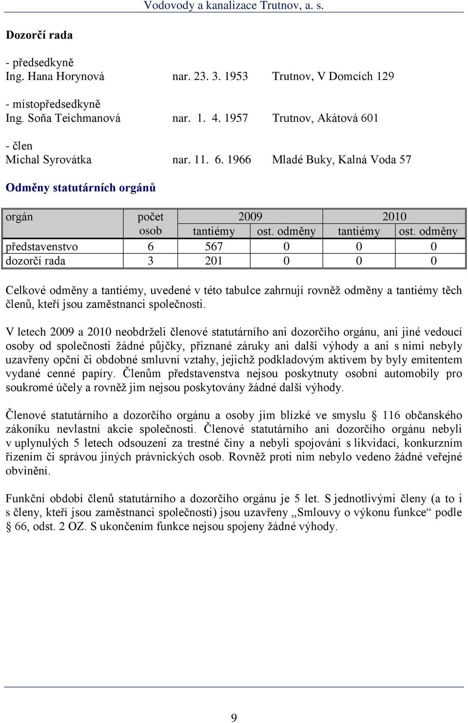 odměny představenstvo 6 567 0 0 0 dozorčí rada 3 201 0 0 0 Celkové odměny a tantiémy, uvedené v této tabulce zahrnují rovněž odměny a tantiémy těch členů, kteří jsou zaměstnanci společnosti.