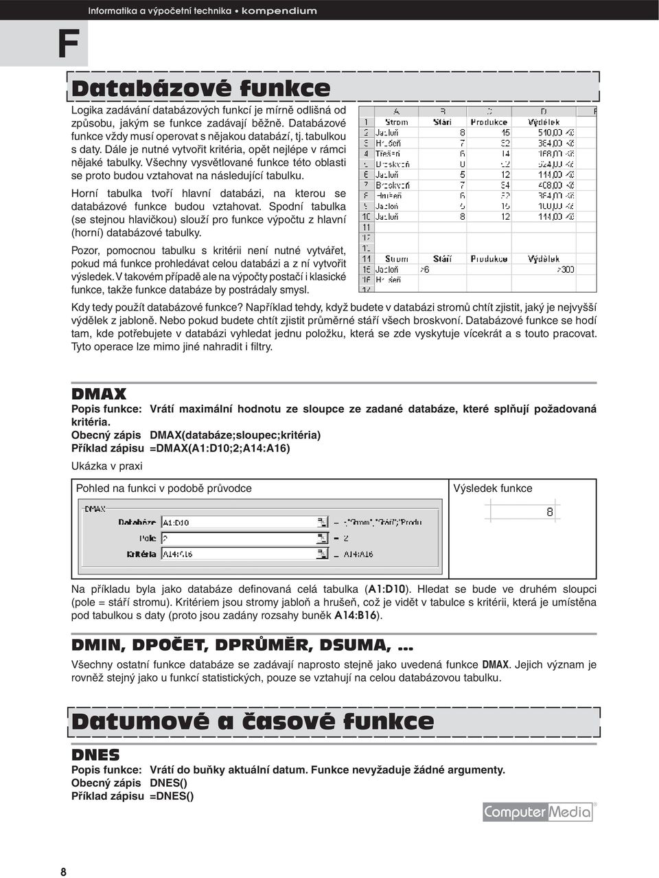 Všechny vysvětlované funkce této oblasti se proto budou vztahovat na následující tabulku. Horní tabulka tvoří hlavní databázi, na kterou se databázové funkce budou vztahovat.