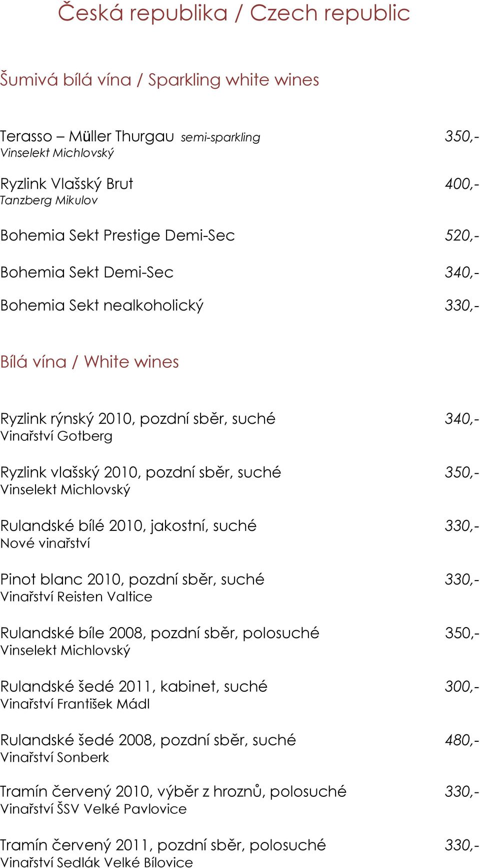 pozdní sběr, suché 350,- Vinselekt Michlovský Rulandské bílé 2010, jakostní, suché 330,- Nové vinařství Pinot blanc 2010, pozdní sběr, suché 330,- Vinařství Reisten Valtice Rulandské bíle 2008,