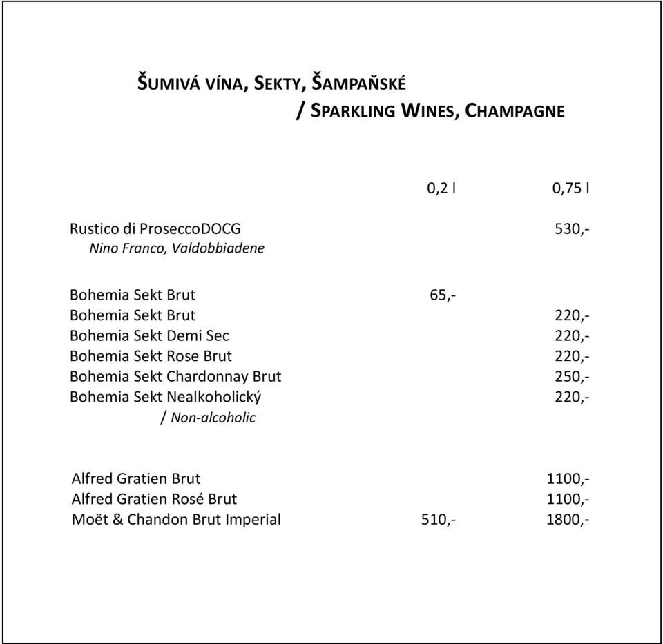 Bohemia Sekt Rose Brut 220,- Bohemia Sekt Chardonnay Brut 250,- Bohemia Sekt Nealkoholický 220,- /