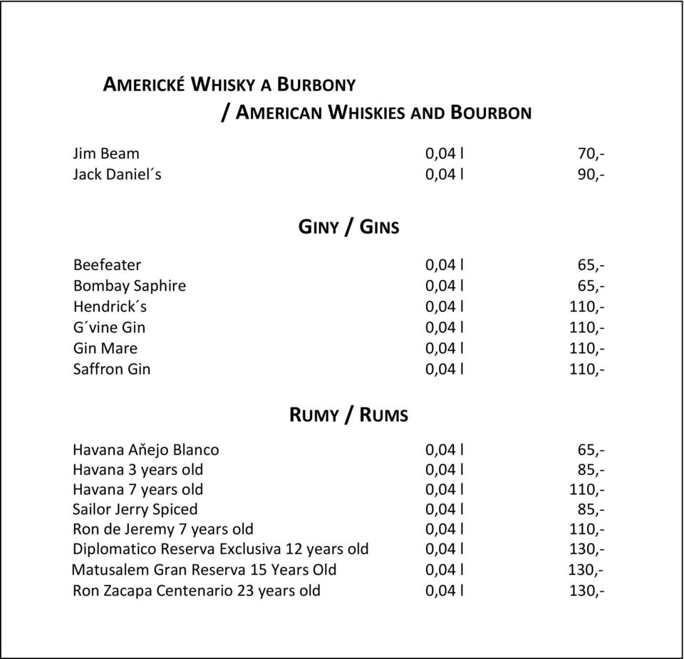 0,04 l 65,- Havana 3 years old 0,04 l 85,- Havana 7 years old 0,04 l 110,- Sailor Jerry Spiced 0,04 l 85,- Ron de Jeremy 7 years old 0,04 l 110,-