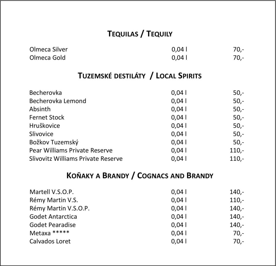 Reserve 0,04 l 110,- Slivovitz Williams Private Reserve 0,04 l 110,- KOŇAKY A BRANDY / COGNACS AND BRANDY Martell V.S.O.P. 0,04 l 140,- Rémy Martin V.S. 0,04 l 110,- Rémy Martin V.