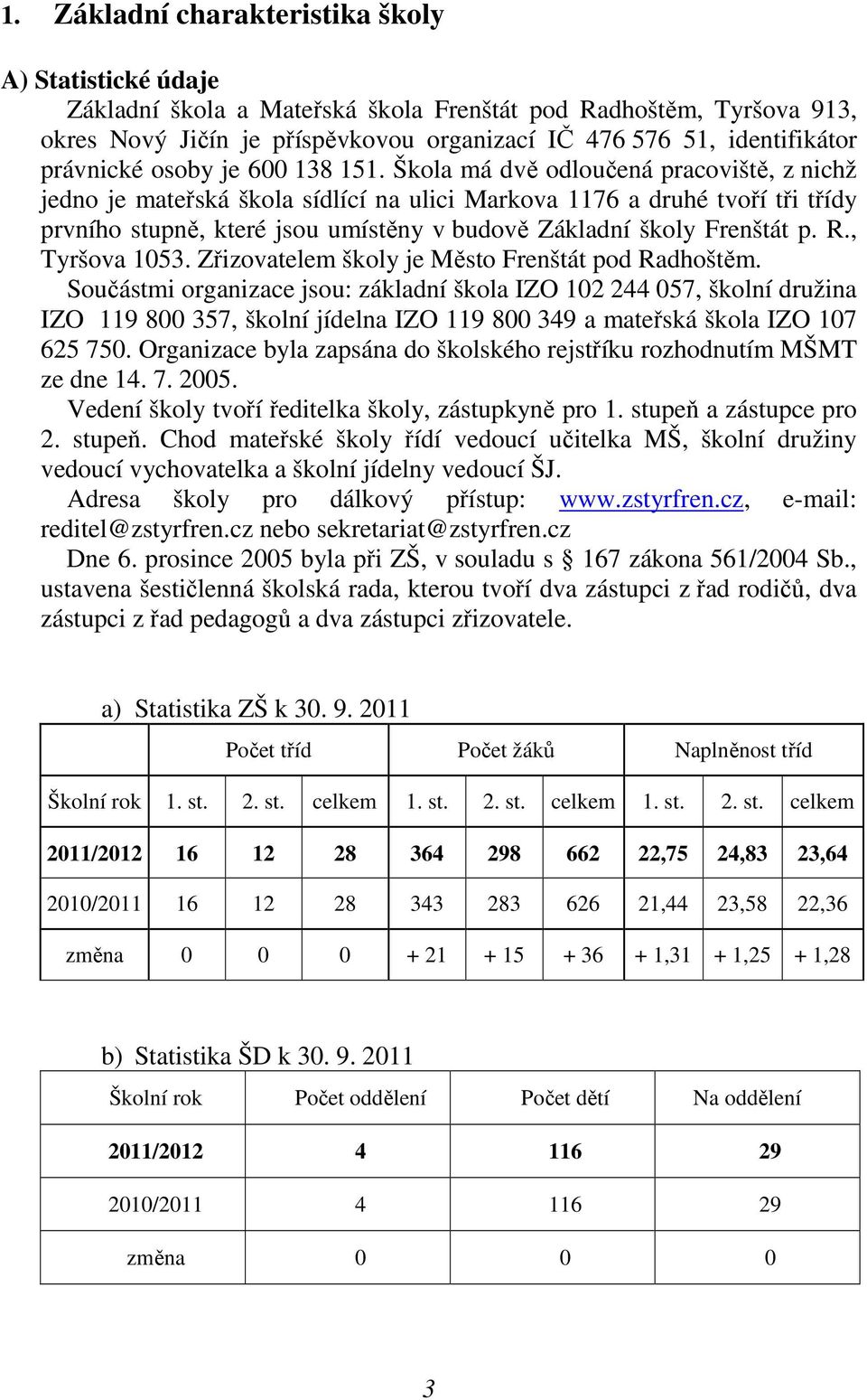 Škola má dvě odloučená pracoviště, z nichž jedno je mateřská škola sídlící na ulici Markova 1176 a druhé tvoří tři třídy prvního stupně, které jsou umístěny v budově Základní školy Frenštát p. R.