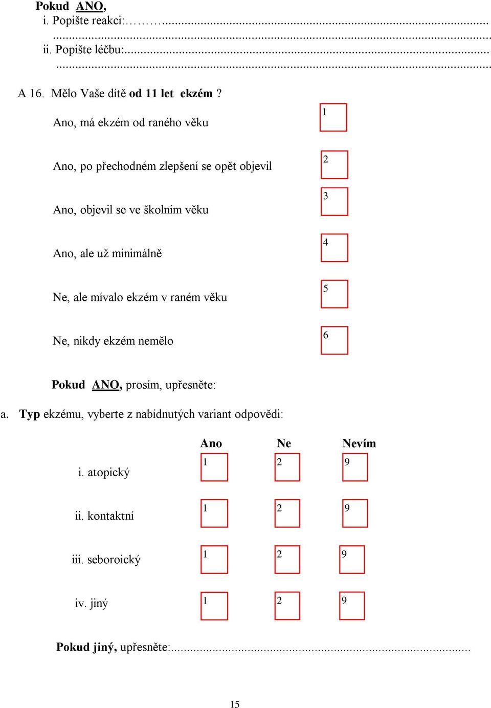 Ano, ale už minimálně 4, ale mívalo ekzém v raném věku 5, nikdy ekzém nemělo 6 prosím, upřesněte: a.