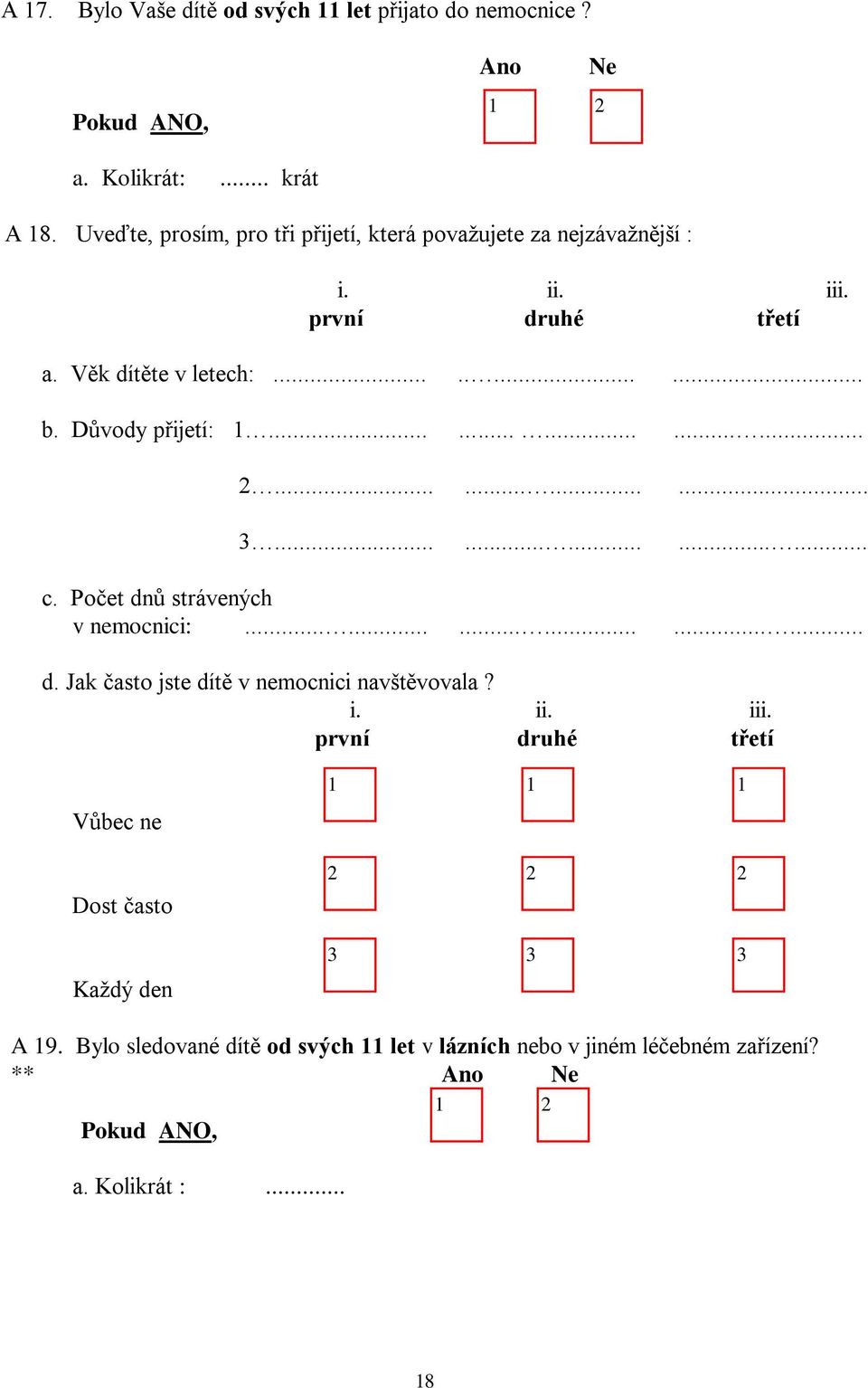 Důvody přijetí:.......................................... c. Počet dnů strávených v nemocnici:.................. d. Jak často jste dítě v nemocnici navštěvovala?