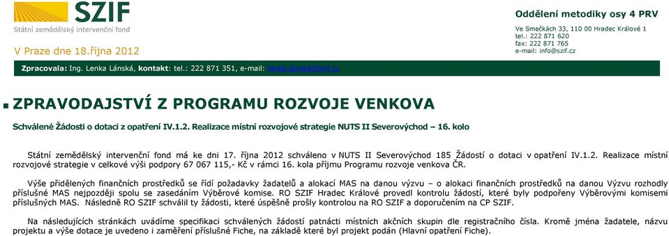 kolo Státní zemědělský intervenční fond má ke dni 17. října 2012 schváleno v NUTS II Severovýchod 185 Žádostí o dotaci v opatření IV.1.2. Realizace místní rozvojové strategie v celkové výši podpory 67 067 115,- Kč v rámci 16.