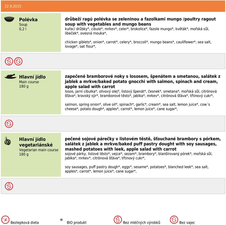 smetanou, salátek z jablek a mrkve/baked potato gnocchi with salmon, spinach and cream, apple salad with carrot losos, jarní cibulka*, olivový olej*, listový špenát*, česnek*, smetana*, mořská sůl,