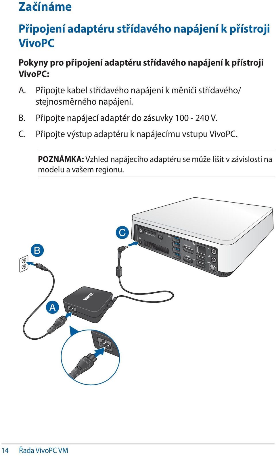 Připojte kabel střídavého napájení k měniči střídavého/ stejnosměrného napájení. B.