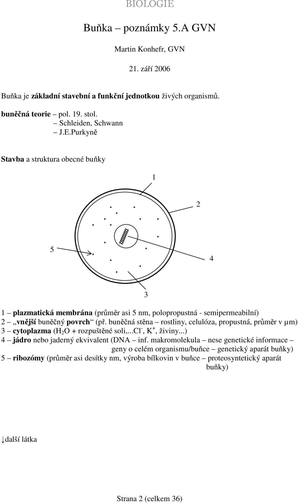 buněčná stěna rostliny, celulóza, propustná, průměr v µm) 3 cytoplazma (H 2 O + rozpuštěné soli,...cl -, K +, živiny...) 4 jádro nebo jaderný ekvivalent (DNA inf.