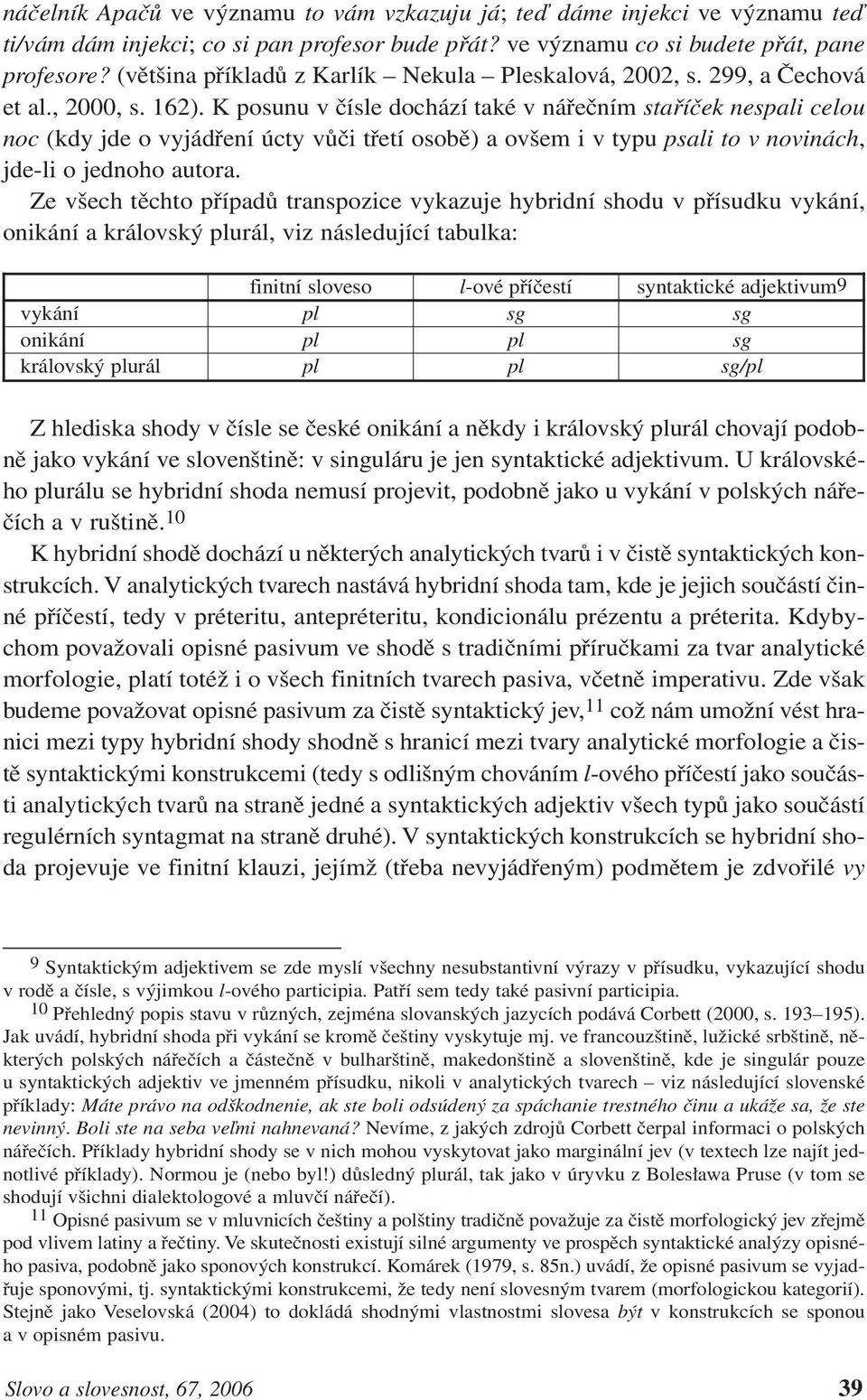 K posunu v čísle dochází také v nářečním staříček nespali celou noc (kdy jde o vyjádření úcty vůči třetí osobě) a ovšem i v typu psali to v novinách, jde-li o jednoho autora.