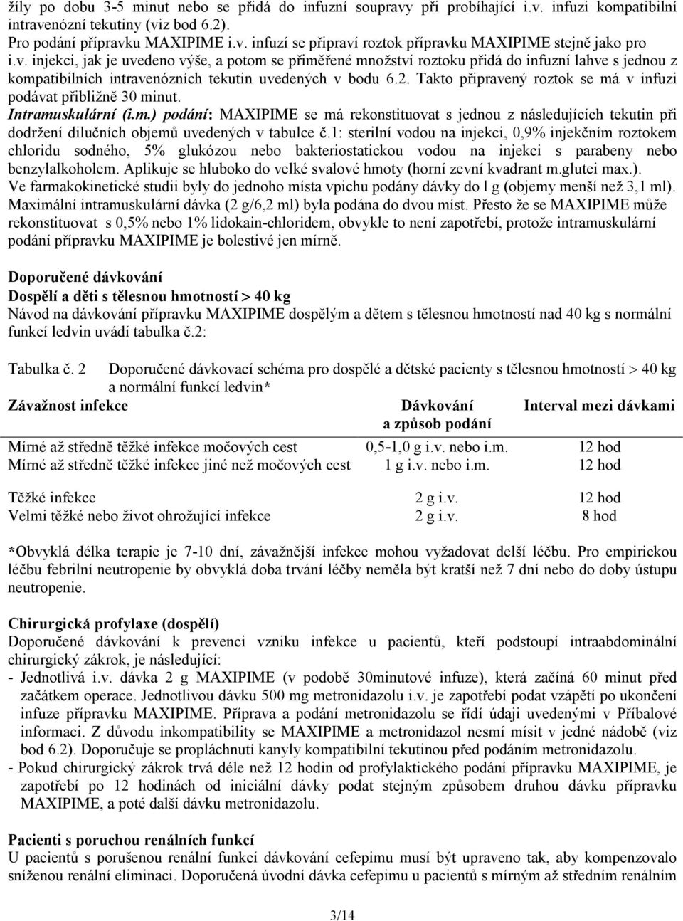 Takto připravený roztok se má v infuzi podávat přibližně 30 minut. Intramuskulární (i.m.) podání: MAXIPIME se má rekonstituovat s jednou z následujících tekutin při dodržení dilučních objemů uvedených v tabulce č.