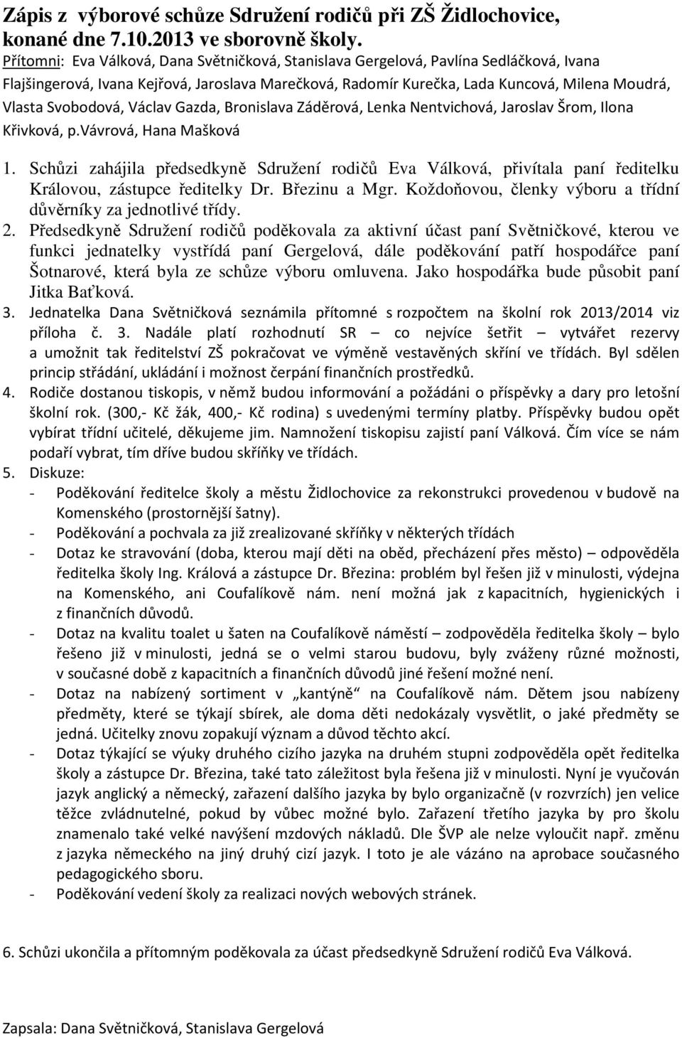 Svobodová, Václav Gazda, Bronislava Záděrová, Lenka Nentvichová, Jaroslav Šrom, Ilona Křivková, p.vávrová, Hana Mašková 1.