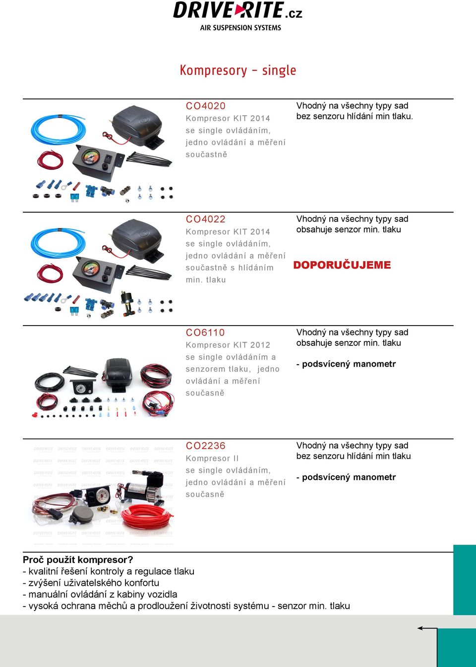 tlaku DOPORUČUJEME CO6110 2012, jedno ovládání a měření současně CO2236 Kompresor II se single ovládáním, jedno ovládání a měření současně bez