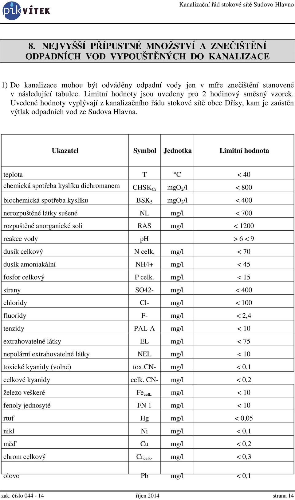 Ukazatel Symbol Jednotka Limitní hodnota teplota T C < 40 chemická spotřeba kyslíku dichromanem CHSK Cr mgo 2 /l < 800 biochemická spotřeba kyslíku BSK 5 mgo 2 /l < 400 nerozpuštěné látky sušené NL