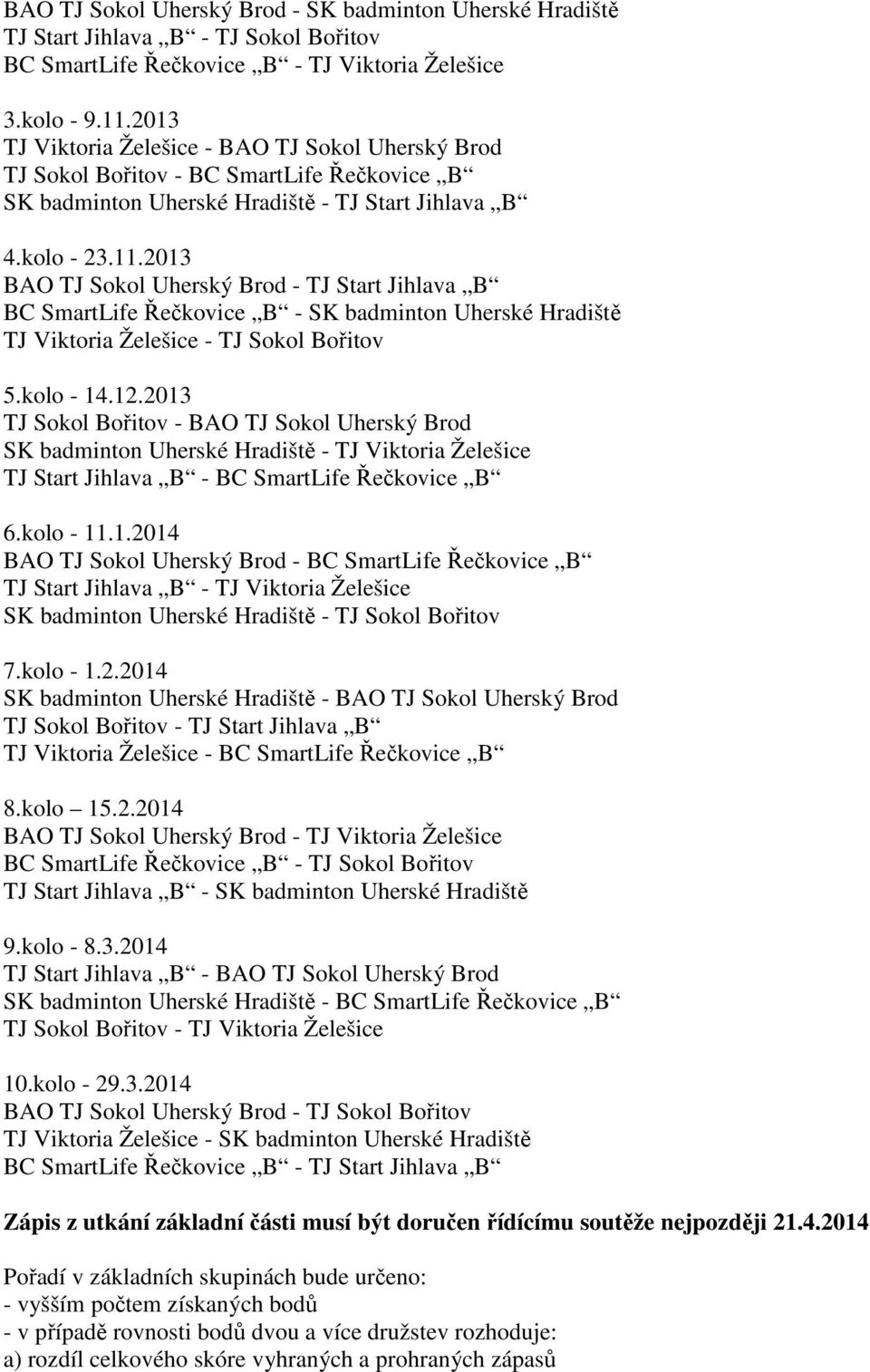 2013 BAO TJ Sokol Uherský Brod - TJ Start Jihlava B BC SmartLife Řečkovice B - SK badminton Uherské Hradiště TJ Viktoria Želešice - TJ Sokol Bořitov 5.kolo - 14.12.