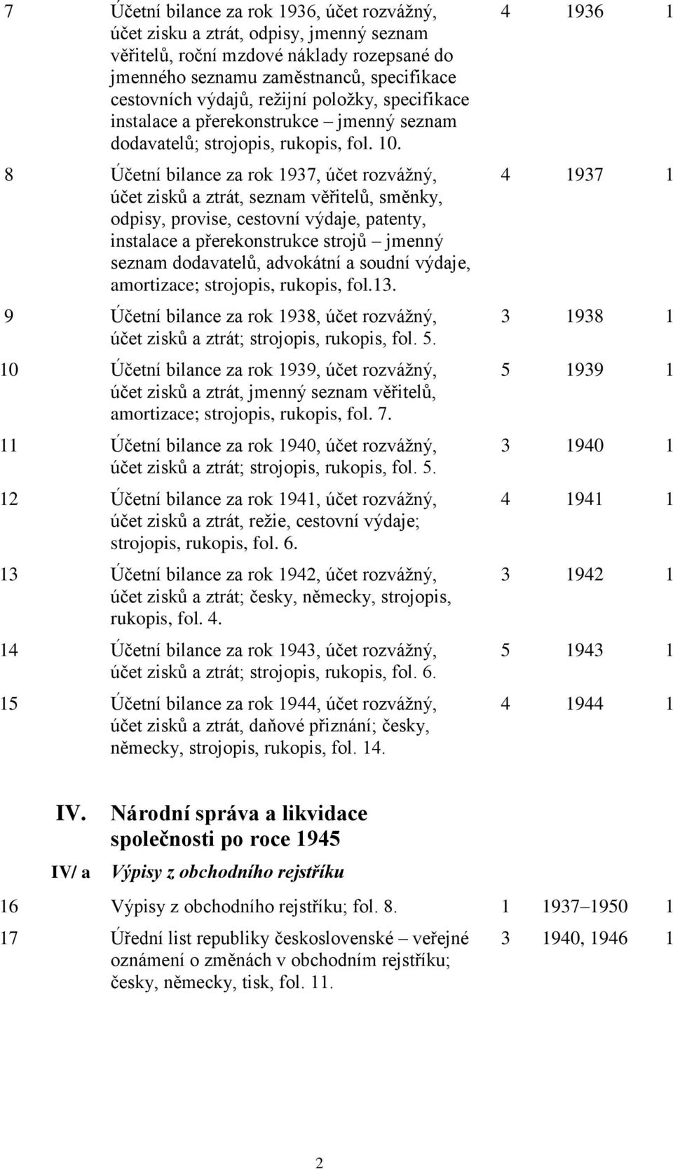 8 Účetní bilance za rok 1937, účet rozvážný, účet zisků a ztrát, seznam věřitelů, směnky, odpisy, provise, cestovní výdaje, patenty, instalace a přerekonstrukce strojů jmenný seznam dodavatelů,