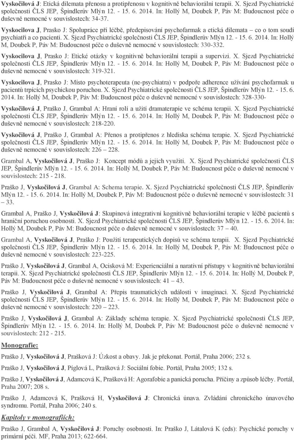 - 15. 6. 2014. In: Hollý M, Doubek P, Páv M: Budoucnost péče o duševně nemocné v souvislostech: 330-332. Vyskocilova J, Prasko J: Etické otázky v kognitivně behaviorální terapii a supervizi. X.