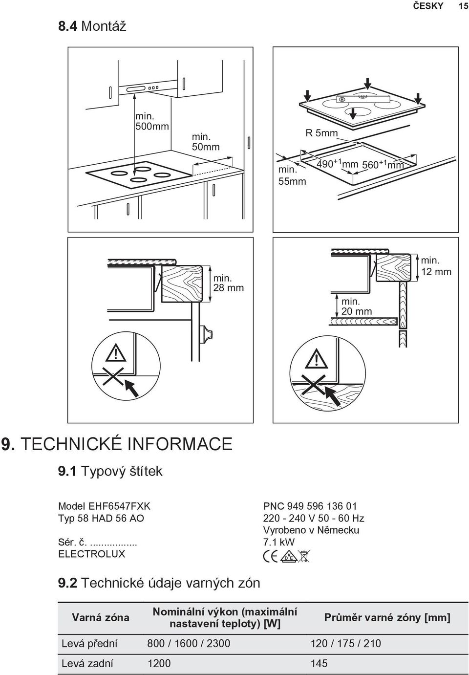 1 Typový štítek Model EHF6547FXK PNC 949 596 136 01 Typ 58 HAD 56 AO 220-240 V 50-60 Hz Vyrobeno v Německu Sér.