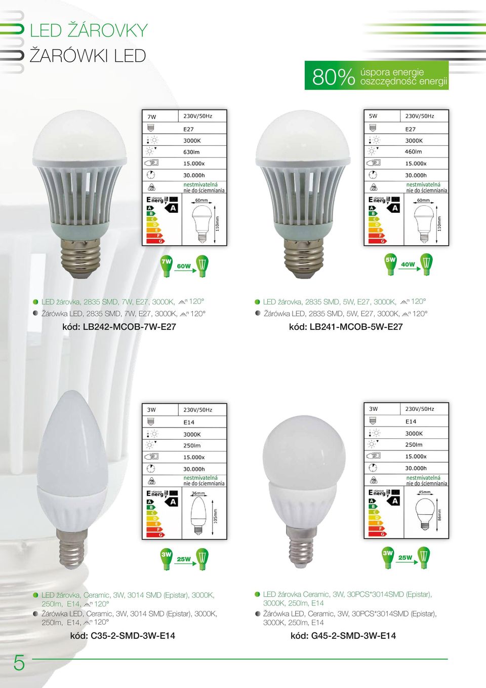 žárovka, Ceramic, 3W, 3014 SMD (Epistar), 3000K, 250lm, E14, Žárówka LED, Ceramic, 3W, 3014 SMD (Epistar), 3000K, 250lm, E14, kód: C35-2-SMD-3W-E14 LED