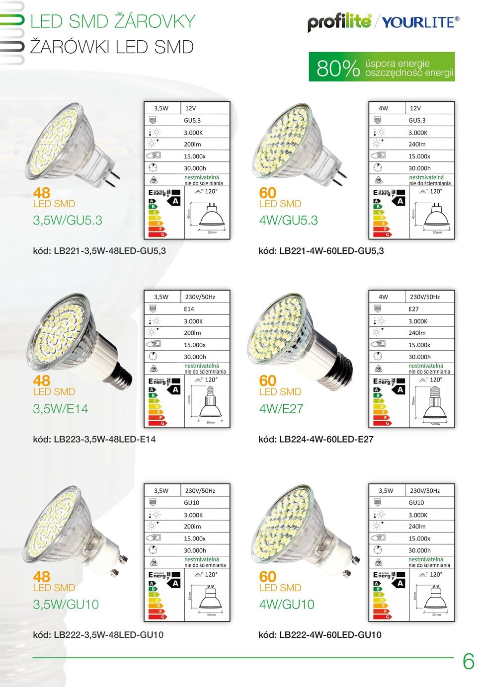 000K 200lm 15.000x 30.000h 30.000h 70mm 60 LED SMD 4W/E27 4W 230V/50Hz E27 3.000K 240lm 15.