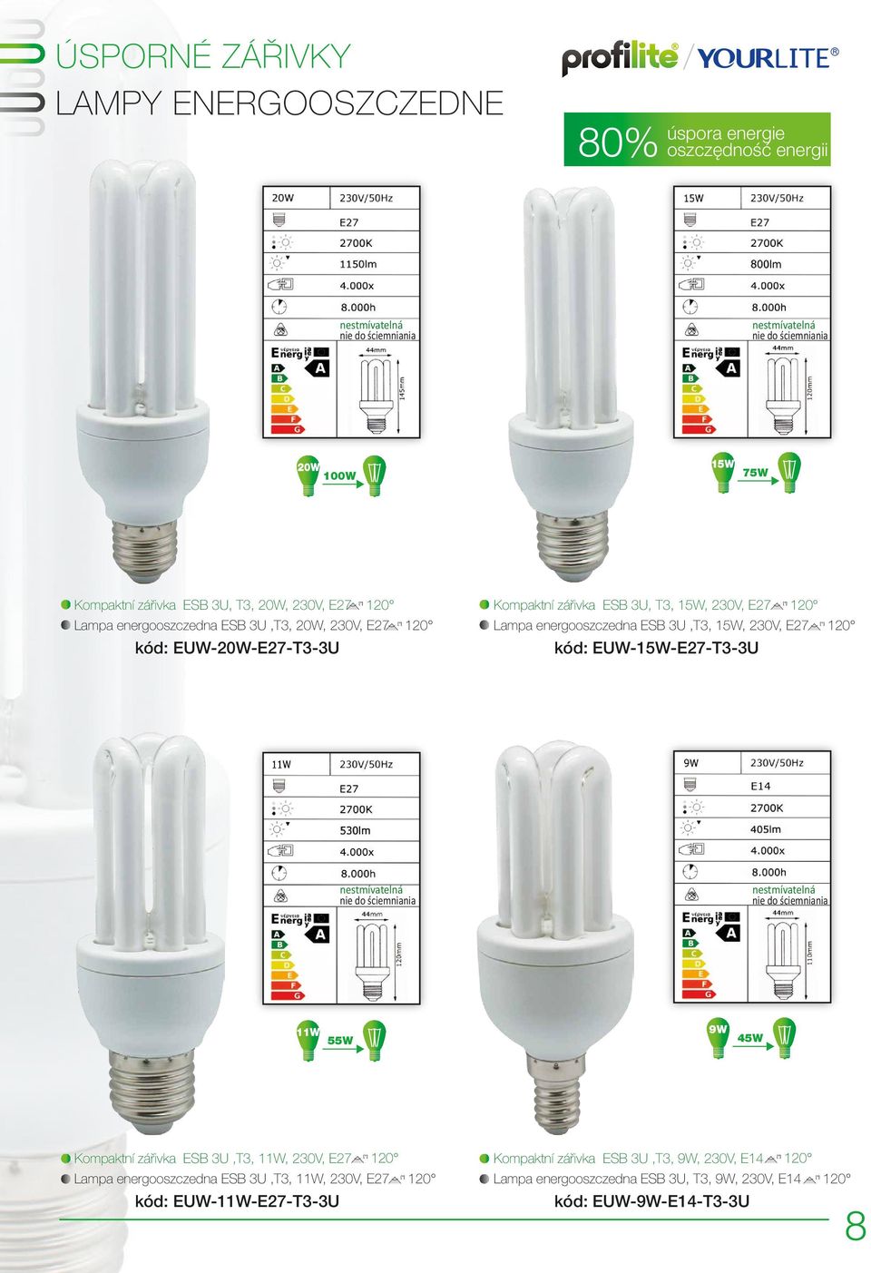 3U,T3, 15W, 230V, E27 kód: EUW-15W-E27-T3-3U 11W 55W 9W 45W Kompaktní zářivka ESB 3U,T3, 11W, 230V, E27 Lampa energooszczedna ESB 3U,T3, 11W,