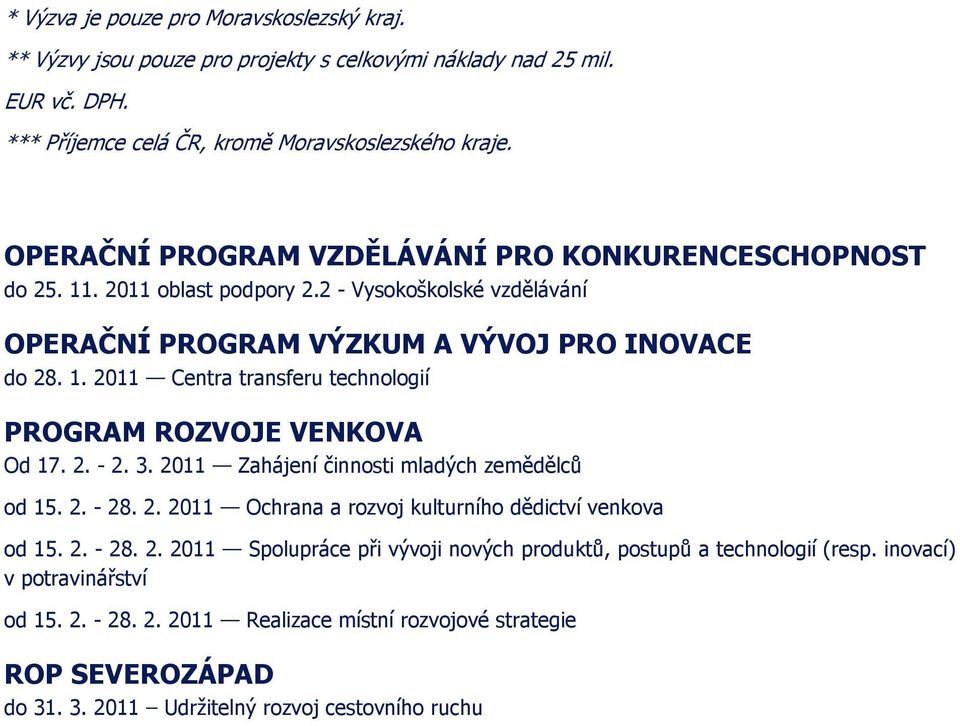 2. - 2. 3. 2011 Zahájení činnosti mladých zemědělců od 15. 2. - 28. 2. 2011 Ochrana a rozvoj kulturního dědictví venkova od 15. 2. - 28. 2. 2011 Spolupráce při vývoji nových produktů, postupů a technologií (resp.