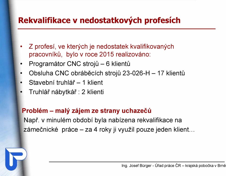 klientů Stavební truhlář 1 klient Truhlář nábytkář : 2 klienti Problém malý zájem ze strany uchazečů