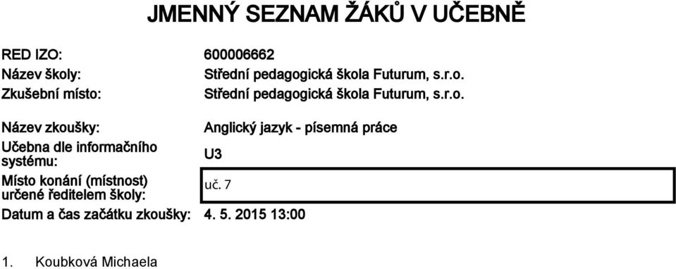 Učebna dle informačního systému: U3 Místo konání (místnost) určené